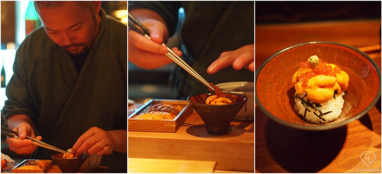 Chef Yoshi placing uni (sea urchin) and salmon roe