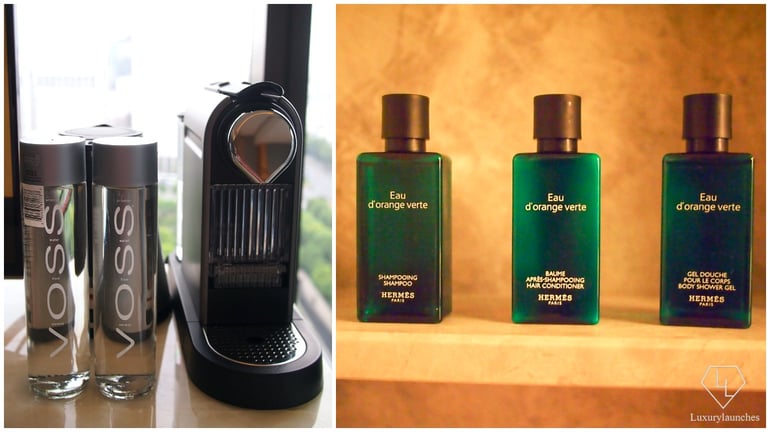 Voss water from Norway, Nespresso machine and Hermes amenities