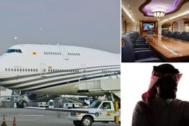 The left image is used for representation. Top right: Conference room of the private Boeing 747.