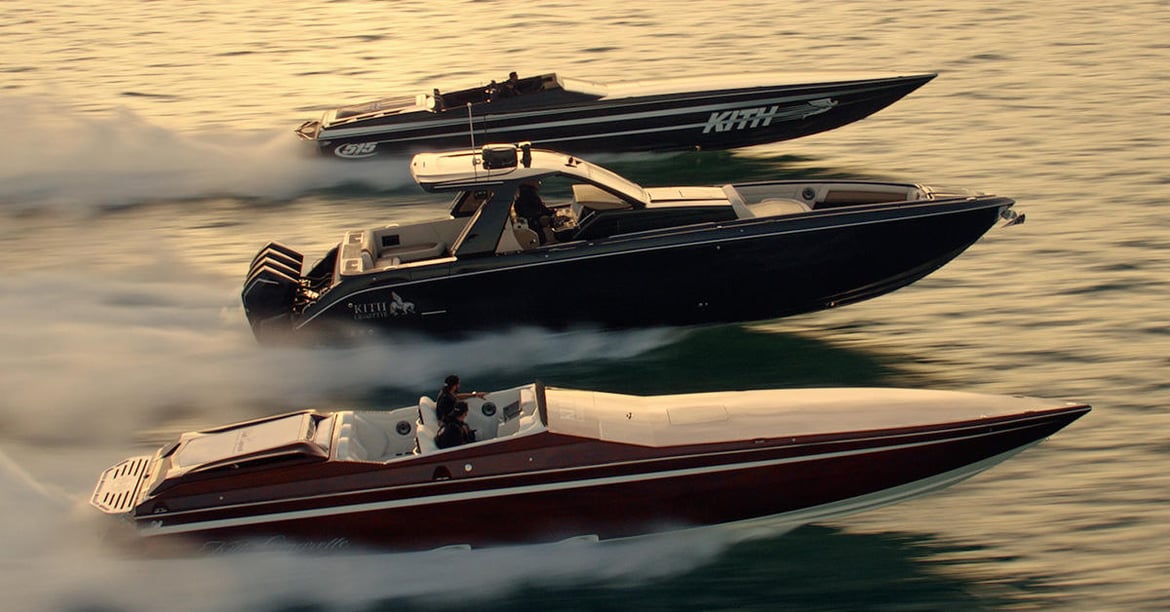 cigarette powerboat Kith and Cigarette Racing have joined forces to redefine high-speed luxury  with $1.6 million custom powerboats