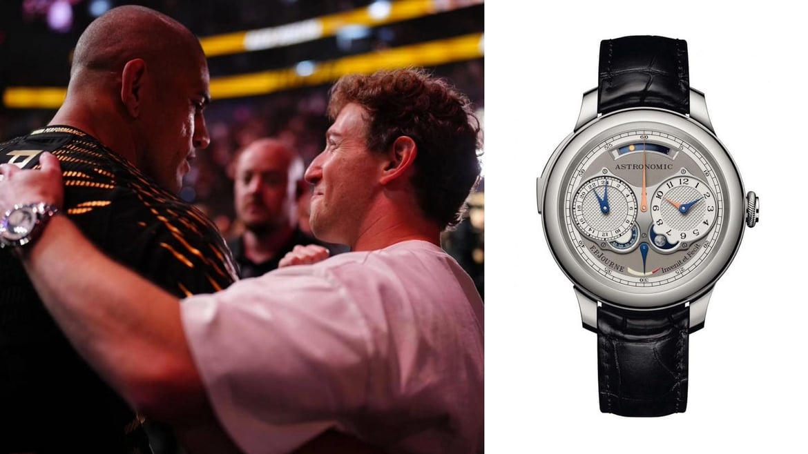 Mark Zuckerberg seen greeting fighters at a UFC event while wearing an ultra-rare F.P. Journe Astronomic Souveraine watch, shown alongside a close-up of the luxury timepiece.