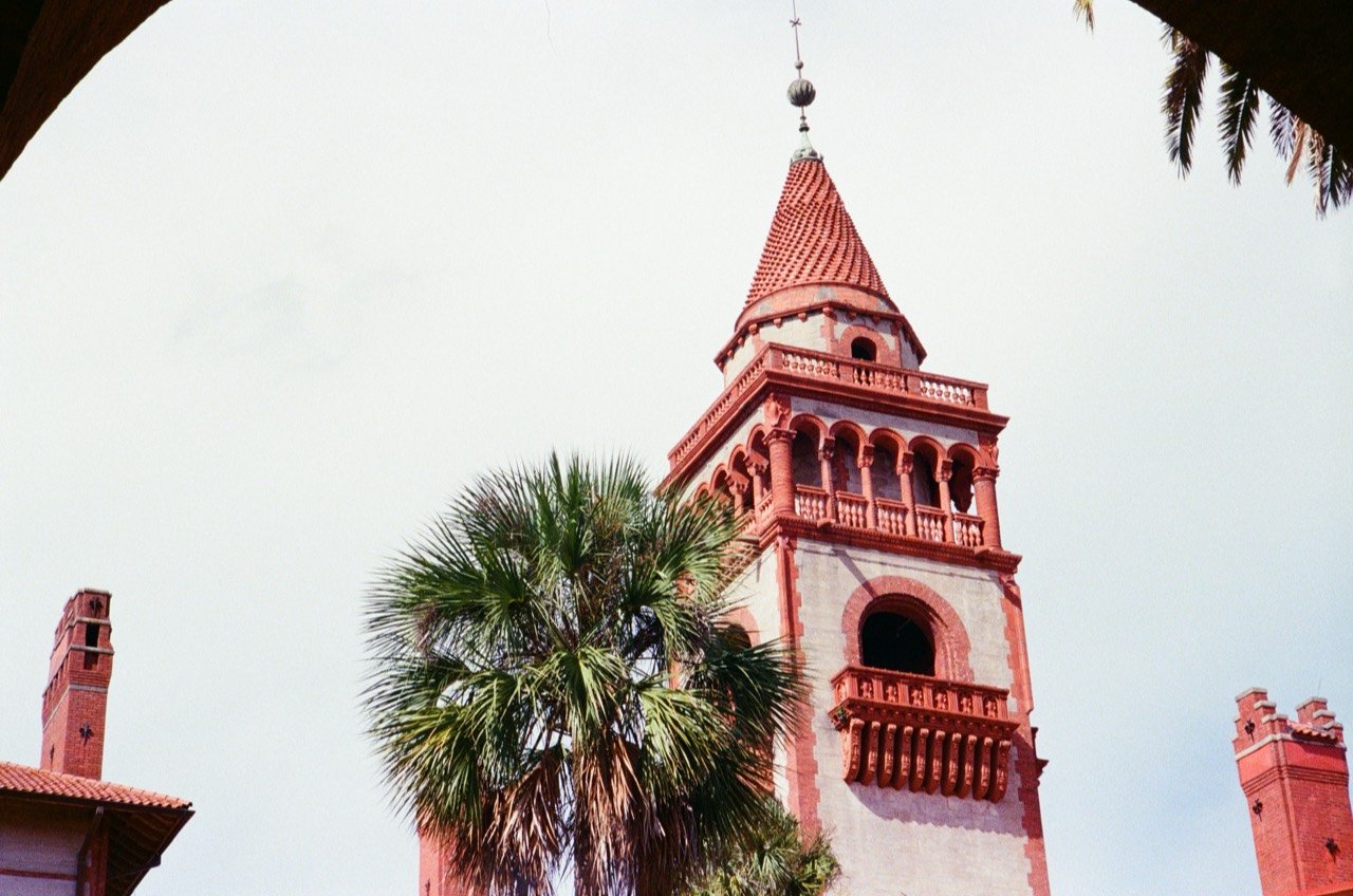 A Flagler College tower beside a palm tree.
