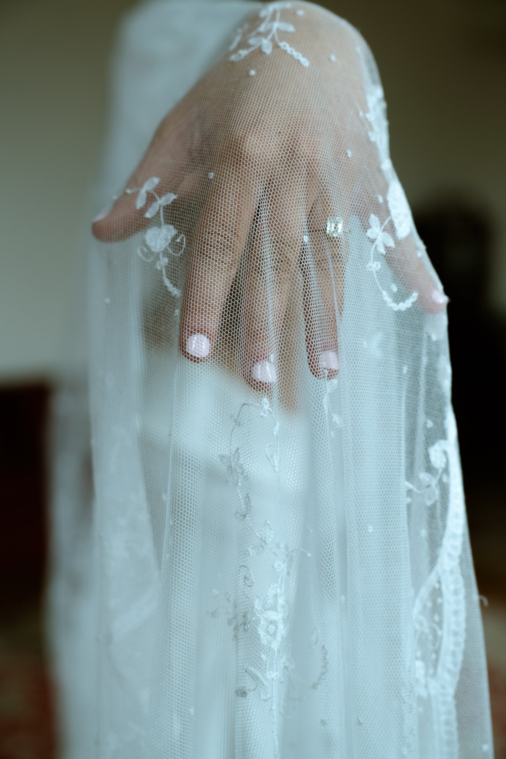 Elizabeth's hand and ring seen through the lace of her veil.