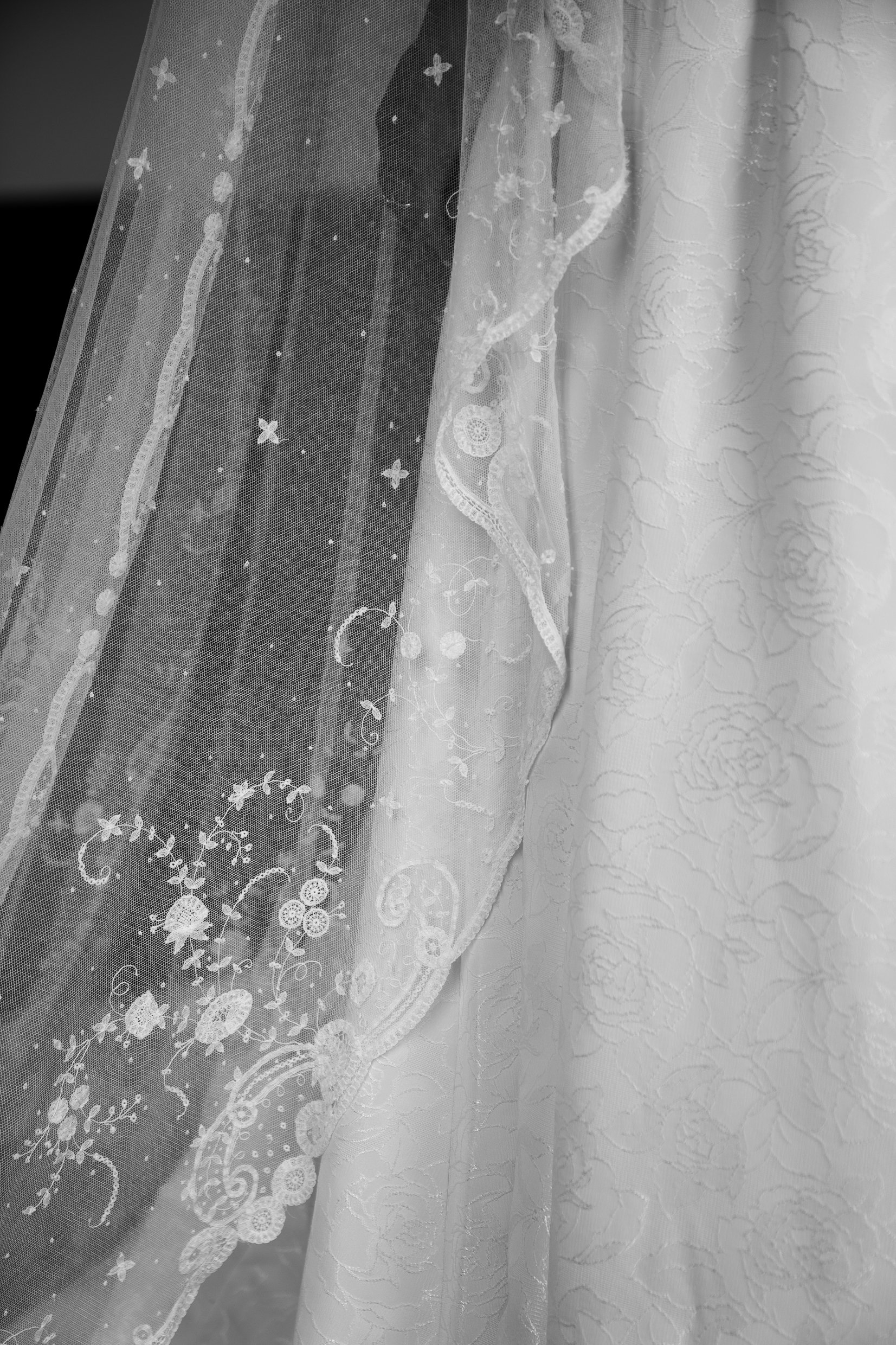 In black and white, the lace edge of Elizabeth's veil with its embroidered flowers laid over her dress.