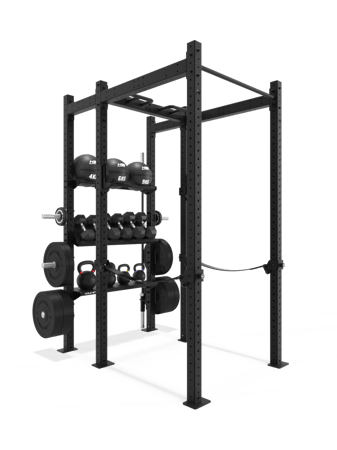HOLD STRONG Fitness Power Rack mit Regalböden für Kettlebells, Hanteln und Bälle.