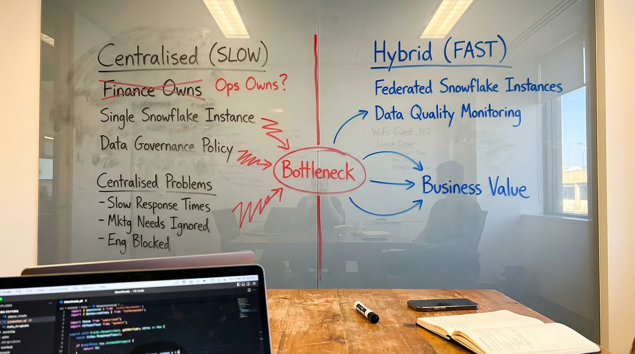 Data team structure: Centralized vs. Embedded is wrong. Hybrid data org chart infographic.