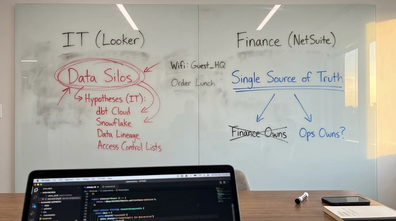 Data Governance: IT & Finance Ownership Conflict. Who owns the data? Whiteboard infographic.