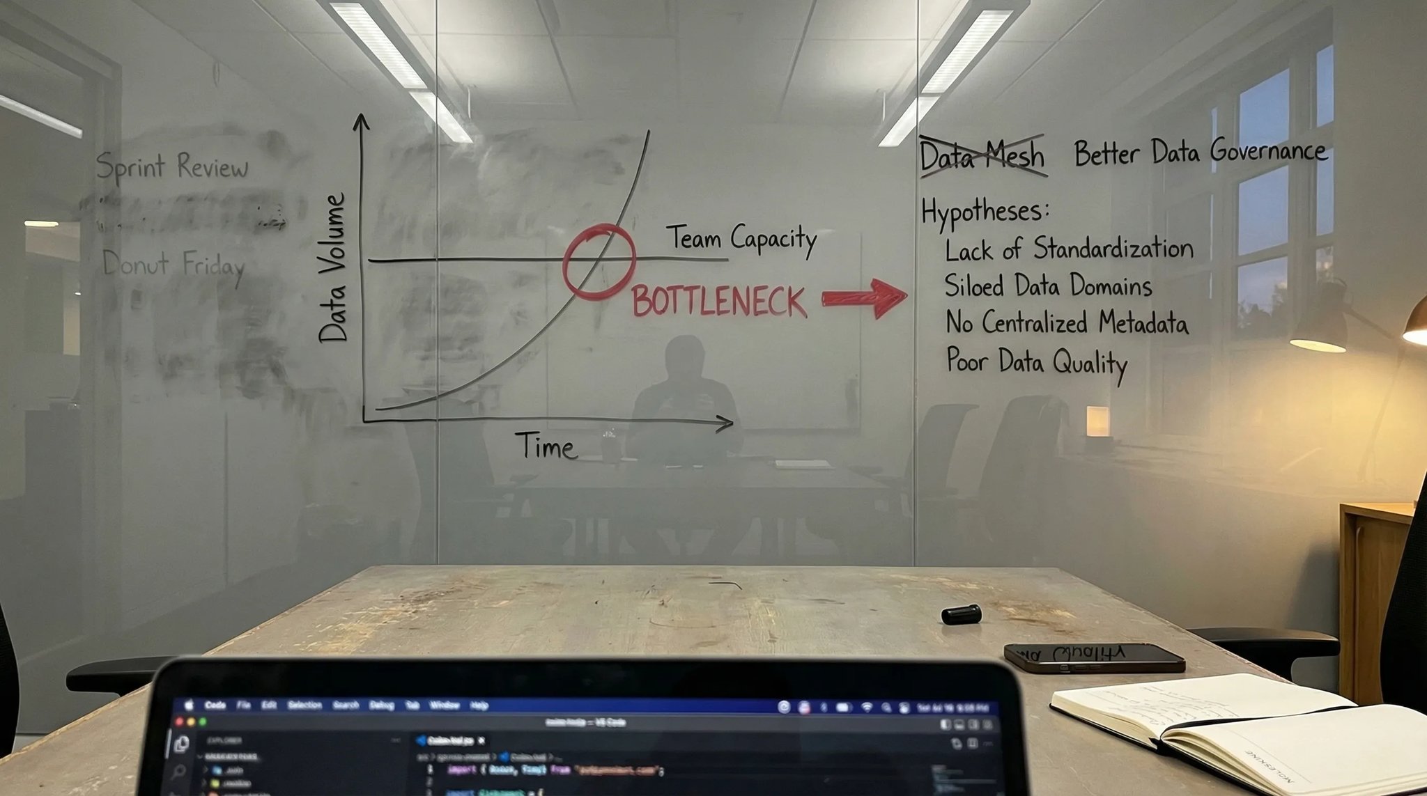 Data Mesh infographic: Decentralized data ownership & architecture. Fixes org chart problems.