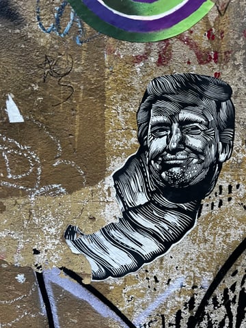 A striking black and white woodcut-style sticker depicting Donald Trump's face, affixed to a heavily textured and weathered urban wall. The sticker's neck area is distorted into a long, curved shape, creating a satirical or surreal visual effect.. Subject: Donald Trump. Style: Linocut/Woodcut engraving. Details: High-contrast hatching and cross-hatching provide deep texture; the neck is elongated and curved into a striped, horn-like or serpentine shape.. Shape: Die-cut. Setting: Urban environment. Surface: An urban wall with remnants of old posters and graffiti marks. Colors: #000000 (Black), #FFFFFF (White), #B8976C (Tan), #7D6246 (Deep Brown). Composition: Macro shot focusing on the central sticker subject with shallow depth of field for the wall texture. The use of a traditional, almost historic engraving style for a contemporary political figure creates a tension between the permanence of classic art and the fleeting nature of street stickers. The distortion of the neck suggests a satirical critique, perhaps commenting on the nature of political rhetoric or the warping of public image in the urban landscape.