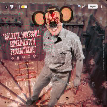A complex digital collage and street art piece featuring a man with mouse-like features and Mickey Mouse ears against a backdrop of the 'Universe 25' experiment. The artwork is framed within a mobile phone interface, complete with status icons and social media buttons, critiquing digital dependency.