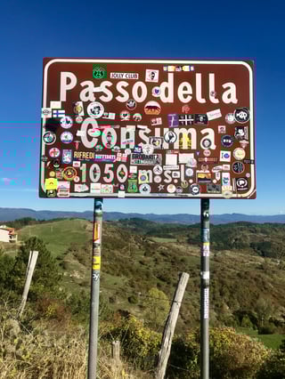 A large brown Italian road sign for 'Passo della Consuma' is densely covered in a chaotic yet vibrant collage of stickers. Set against a backdrop of rolling green hills and a clear blue sky, the sign serves as a collective canvas for travelers.. Subject: A diverse collection of sports logos, motorcycle clubs, and travel mementos.. Style: Varied graphic designs, from minimalist typography to complex illustrated logos.. Details: The stickers are layered atop one another, partially obscuring the sign's text, representing years of visitor contributions.. Shape: Multi-shaped assortment (rectangles, circles, shields). Setting: Rural mountain landscape. Surface: A mountain pass altitude marker (1050m) on a metal support structure.. Colors: #5D3A2E (Brown), #2A79C3 (Sky Blue), #FFFFFF (White), #D32F2F (Red), #388E3C (Forest Green). Composition: A centered, eye-level shot that uses the sign as a foreground focus against a deep-focus landscape.. The sign functions as a communal 'guestbook' for the road. Each sticker represents a individual or group's presence, turning a functional piece of government infrastructure into a democratic monument of travel and subcultural identity.
