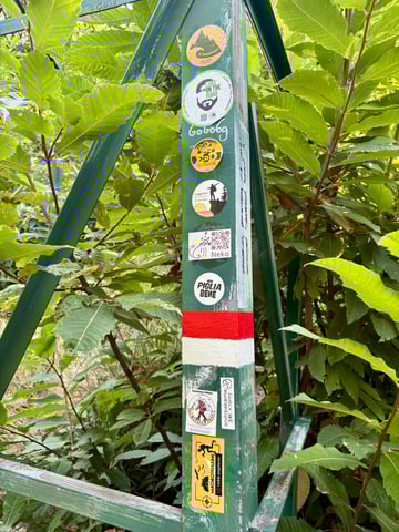 A vertical green metal post, likely part of a trail infrastructure, is adorned with a variety of outdoor and travel-related stickers. The weathered surface is framed by lush, vibrant green foliage, documenting the passage of numerous explorers.. Subject: Luke on the Road traveler profile. Style: Graphic minimalist illustration. Details: A silhouette of a bearded man with the Italian text 'Fidati del tuo cammino', signifying trust in one's path.. Shape: Circular. Setting: Lush woodland environment. Surface: Metal support beam for a bridge or trail marker. Colors: #355E3B (Deep Green), #F1C40F (Sun Yellow), #E74C3C (Trail Red), #FFFFFF (Stark White). Composition: Close-up vertical shot emphasizing the texture of the stickers against the organic background. This sticker-covered post acts as a physical guestbook for the trail, where hikers leave behind a piece of their identity. It represents a fascinating intersection where urban 'slapping' culture meets the solitude of nature, creating a mosaic of shared human experience and community belonging in the wilderness.