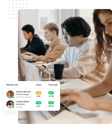 Smiling woman at laptop with Hubstaff time tracking charts showing weekly and daily activity trends.