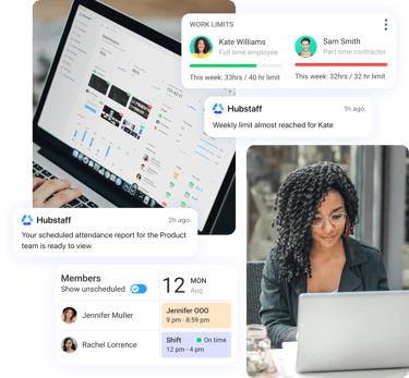 Woman working on laptop with Hubstaff dashboard showing schedules, work limits, attendance, and productivity alerts.