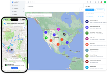 Hubstaff geofence time tracking app on desktop and mobile displaying job site locations in real time