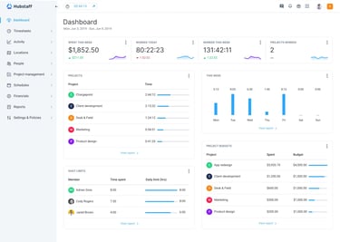 Hubstaff Insights dashboard displaying weekly time tracking, project budgets, daily limits, and productivity metrics.