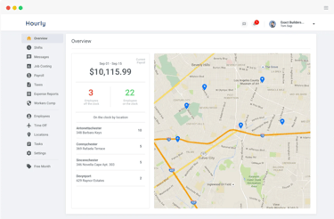 Hourly dashboard showing payroll total, employees on/off the clock, work locations list, and map with job site pins.