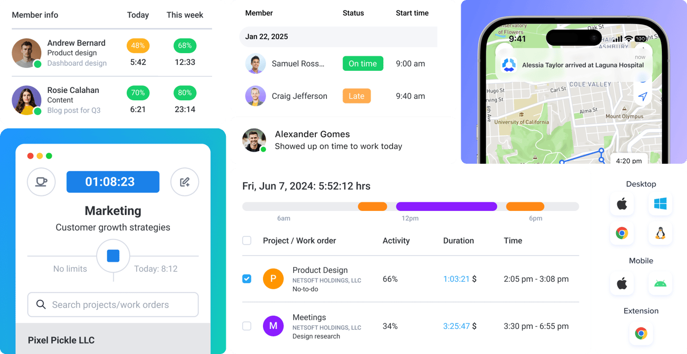 Hubstaff time tracking software on desktop, mobile, and web with project timers, work order logs, attendance status, and GPS tracking for field teams