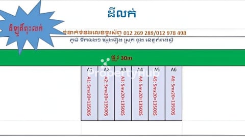 ដីល្អ ក្បាល២០ នៅជាប់ថ្នល់កៅស៊ូ ទិញផ្គួបជាប់គ្នាក៏បាន