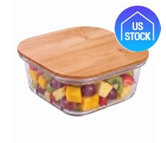 Square Bamboo Lid Glass Food Container, 17 oz.