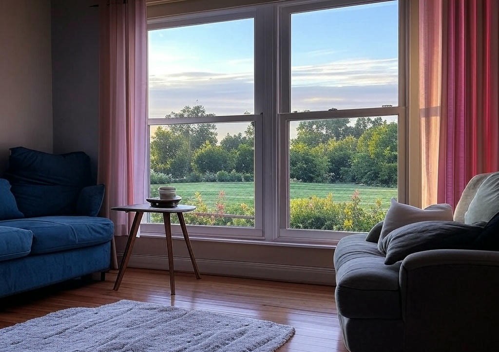 Modern double-hung window installation in Huntersville living room with scenic backyard view and natural lighting