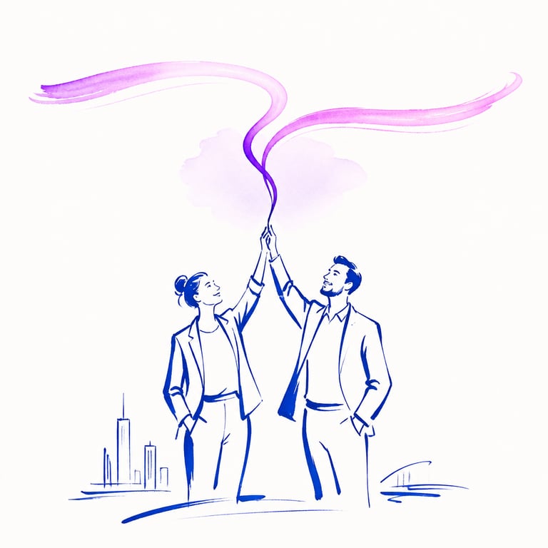 Ink illustration: two colleagues spreading expertise widely