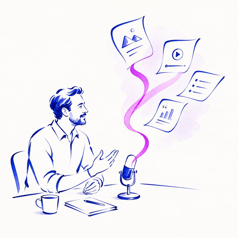 Ink illustration: one conversation becoming many pieces of content