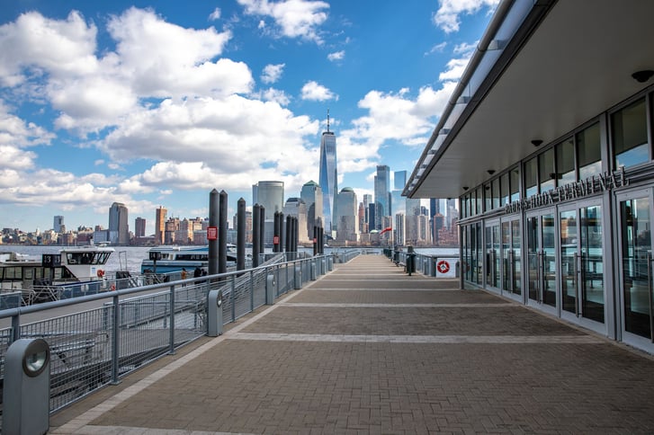 The Paulus Hook ferry terminal in Jersey City with the Lower Manhattan skyline in the background