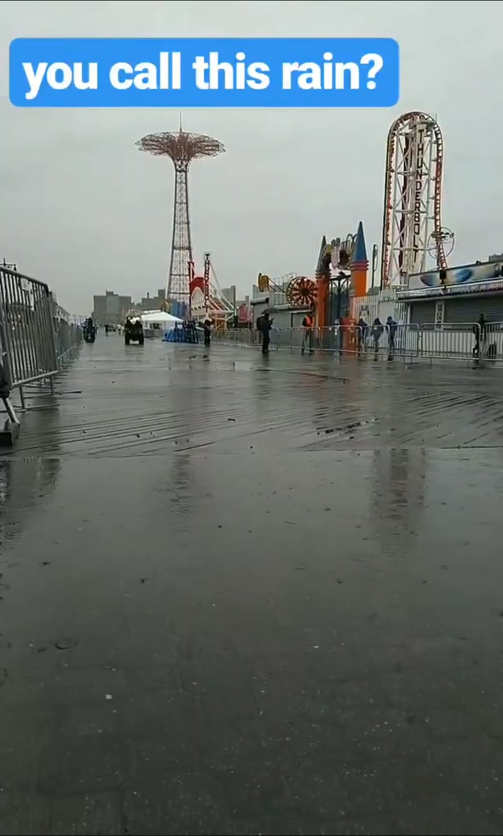 Image of the Coney Island Boardwalk from the Popular® Brooklyn Half with text overlaid: "You call this rain?"