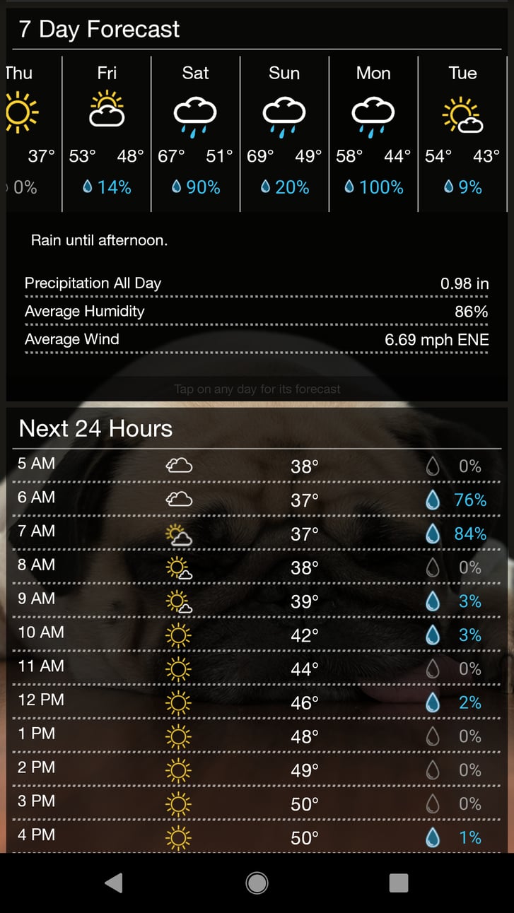 Screenshot of a seven-day weather forecast