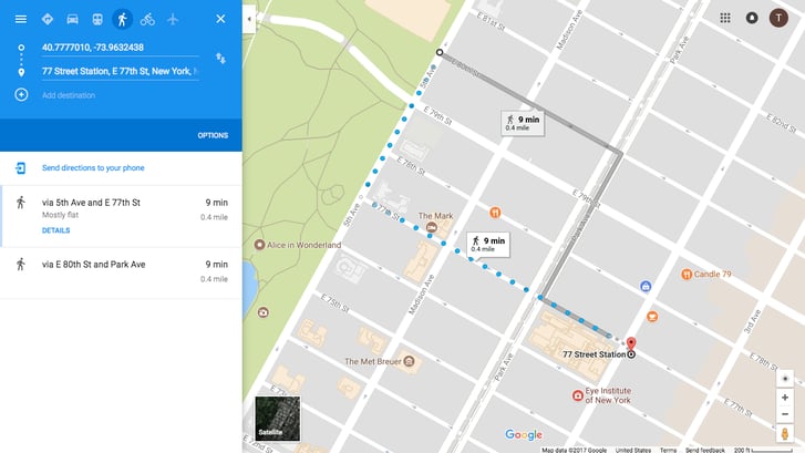 A screenshot of a map showing the route from 80th Street and 5th Avenue to the 77th Street subway station in Manhattan