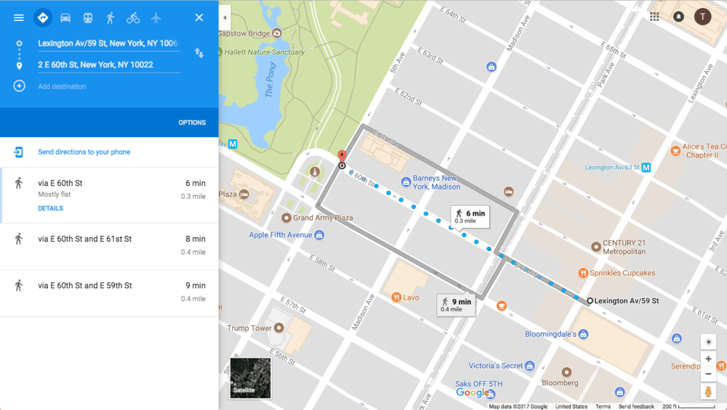 A screenshot of a map showing the route from the Lexington Av / 59th Street subway station to Grand Army Plaza in Manhattan