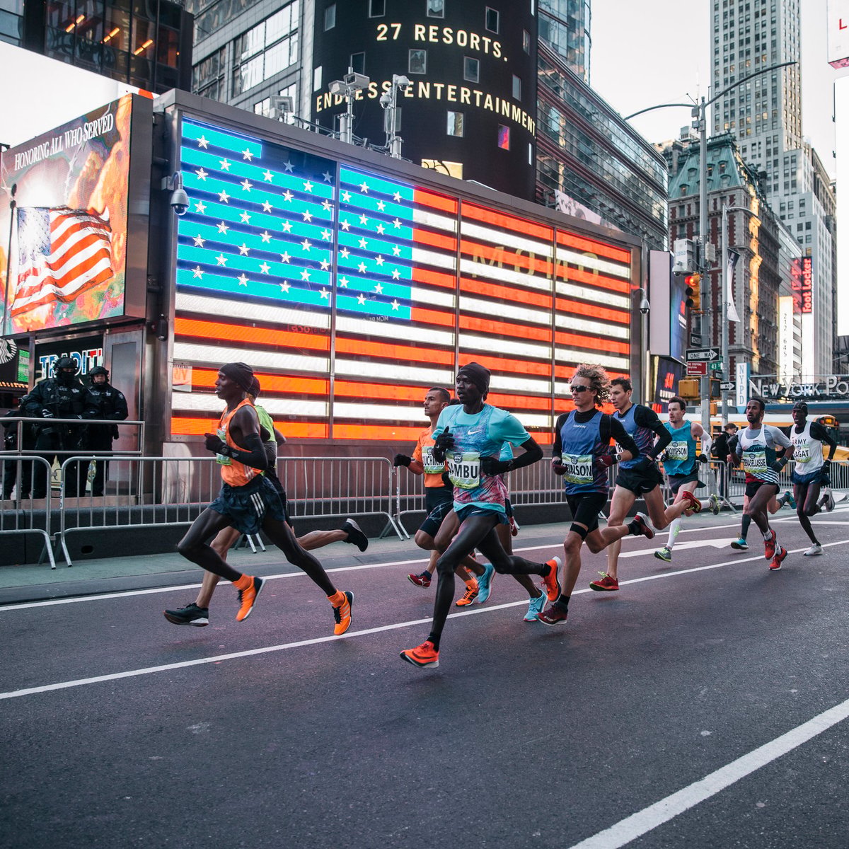 Lead pack of male runners at the 2018 United Airlines NYC Half in Times Square