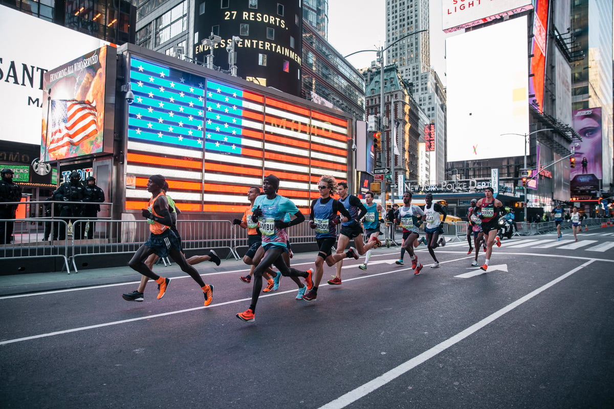 Lead pack of male runners at the 2018 United Airlines NYC Half in Times Square