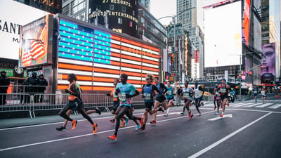 Lead pack of male runners at the 2018 United Airlines NYC Half in Times Square