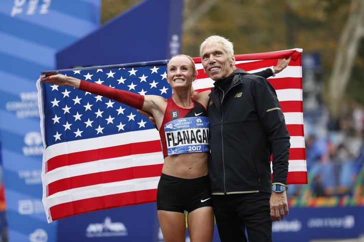 New York Road Runners Race Director Peter Ciaccia with 2017 New York City Marathon winner Shalane Flanagan