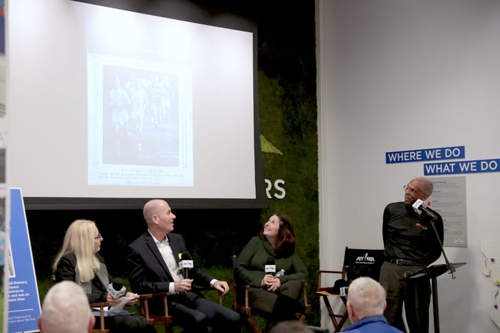 A panel discussion at the NYRR RUNCENTER, with Bonnie Ross, Ed Burns, Maeve Vinci, and Gary Corbitt