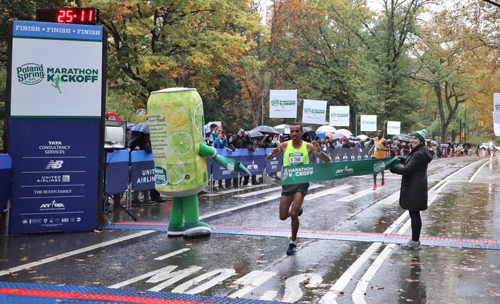 The winner of the 2019 Poland Spring Marathon Kickoff 5M breaks the tape
