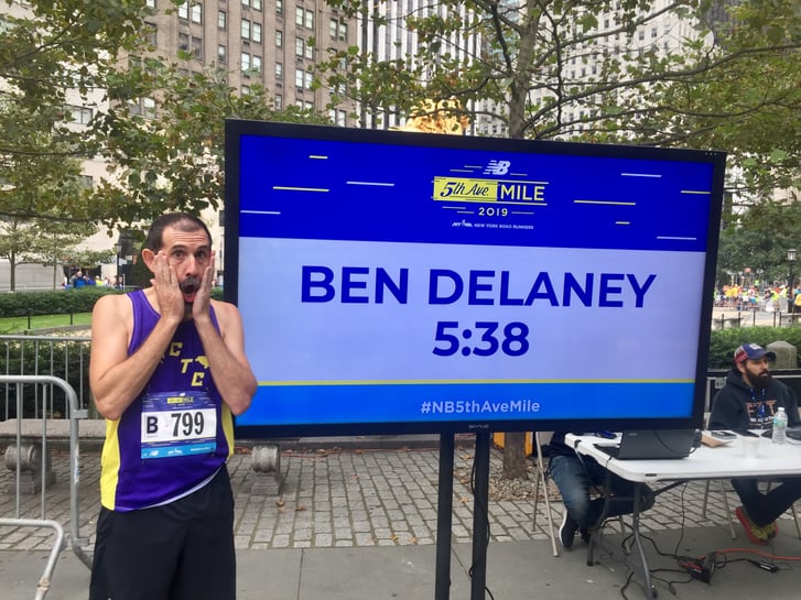 Ben Delaney and 2019 New Balance 5th Ave Mile finish time display