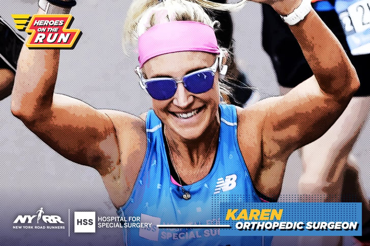 Karen Sutton finishing TCS New York City Marathon with Heroes on the Run text overlay