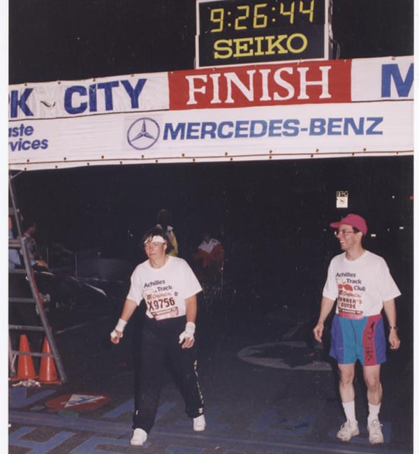 Deb Marcuccilli at 1994 NYC Marathon finish line