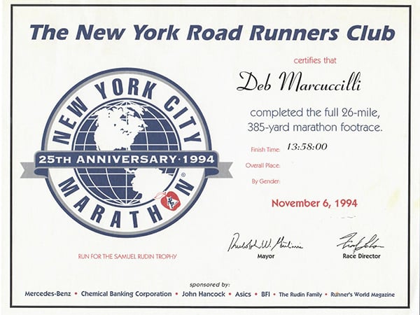 Deb Marcuccilli 1994 NYC Marathon finisher certificate