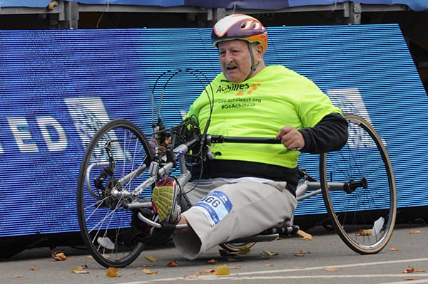 Dick Traum competing in the TCS New York City Marathon in a handcycle