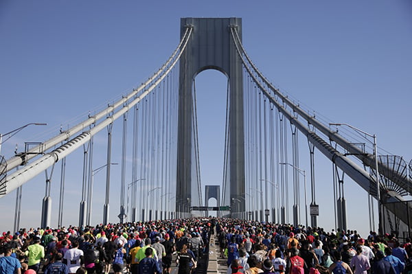 Verrazzano Bridge and mass of runners at 2018 TCS NYC Marathon start