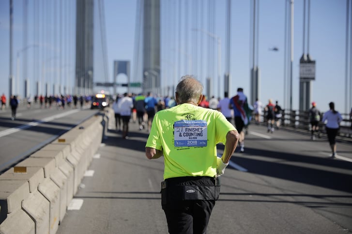 A New York City Marathon streaker makes his way over the Verrazzano-Narrows Bridge