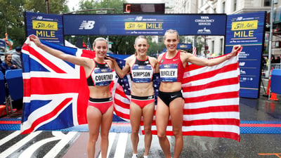 Pro women's top three finishers at the 2018 New Balance 5th Avenue Mile (L-R): Melissa Courtney, 3rd; Jenny Simpson, 1st; Colleen Quigley, 2nd