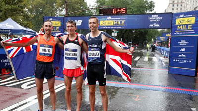 Men's 2018 New Balance 5th Avenue Mile top-three finishers (L-R): Nick Willis, 2nd; Jake Wightman, 1st; Neil Gourley, 3rd