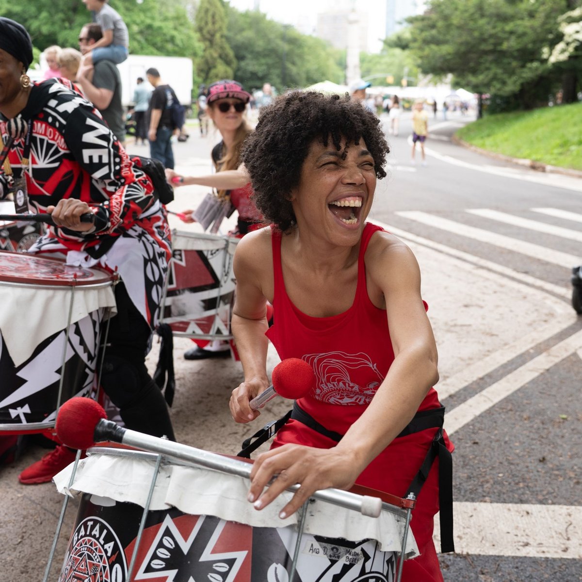 A group of drummers perform on the sidelines of the RBC Brooklyn Half