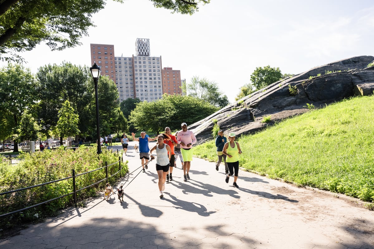 Group of runners running in a park on a sunny day