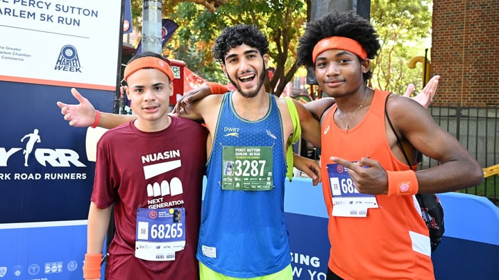 Abdel Khalil and 2 students at 2024 Percy Sutton Harlem 5K race on August 10, 2024.